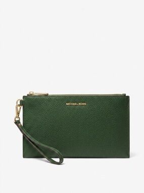 Michael Kors Dark Green Pebbled Leather Wristlet with Gold Hardware